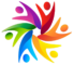 Abstract design of six colorful human-like figures forming a circular pattern, each figure in a different color: purple, red, orange, yellow, blue, and green, symbolizing unity and diversity.